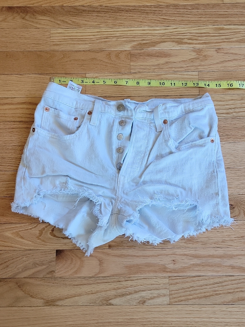 Levi's White Distressed Button-Fly Denim Shorts